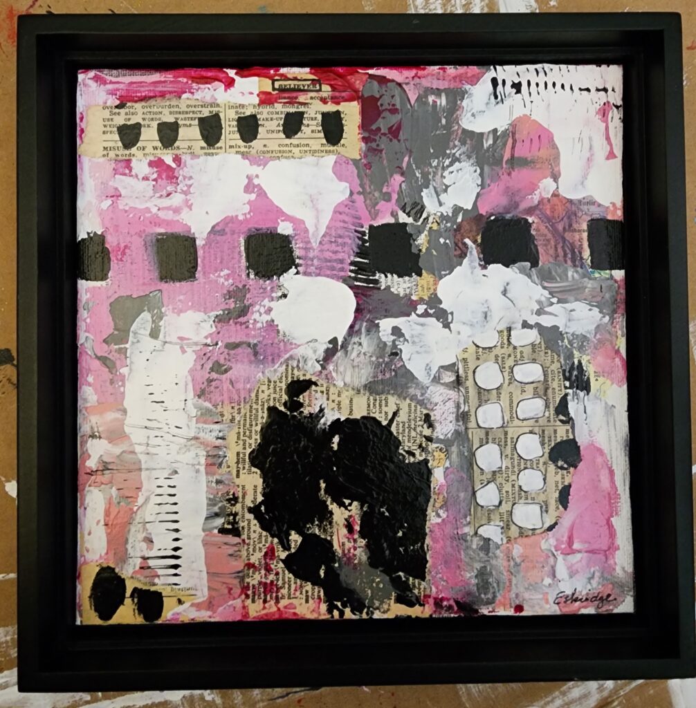 A painting of pink and black with white dots.