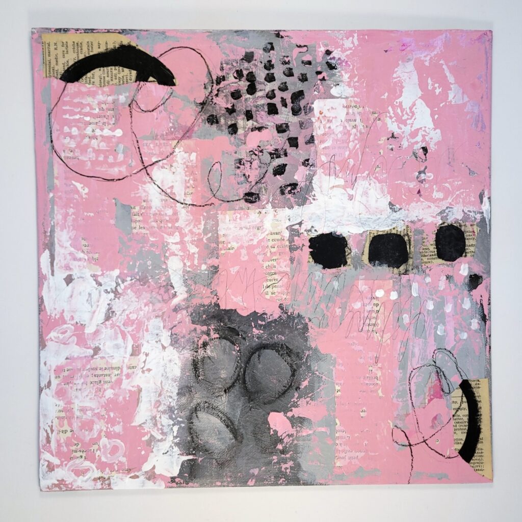 A pink and white painting with black circles