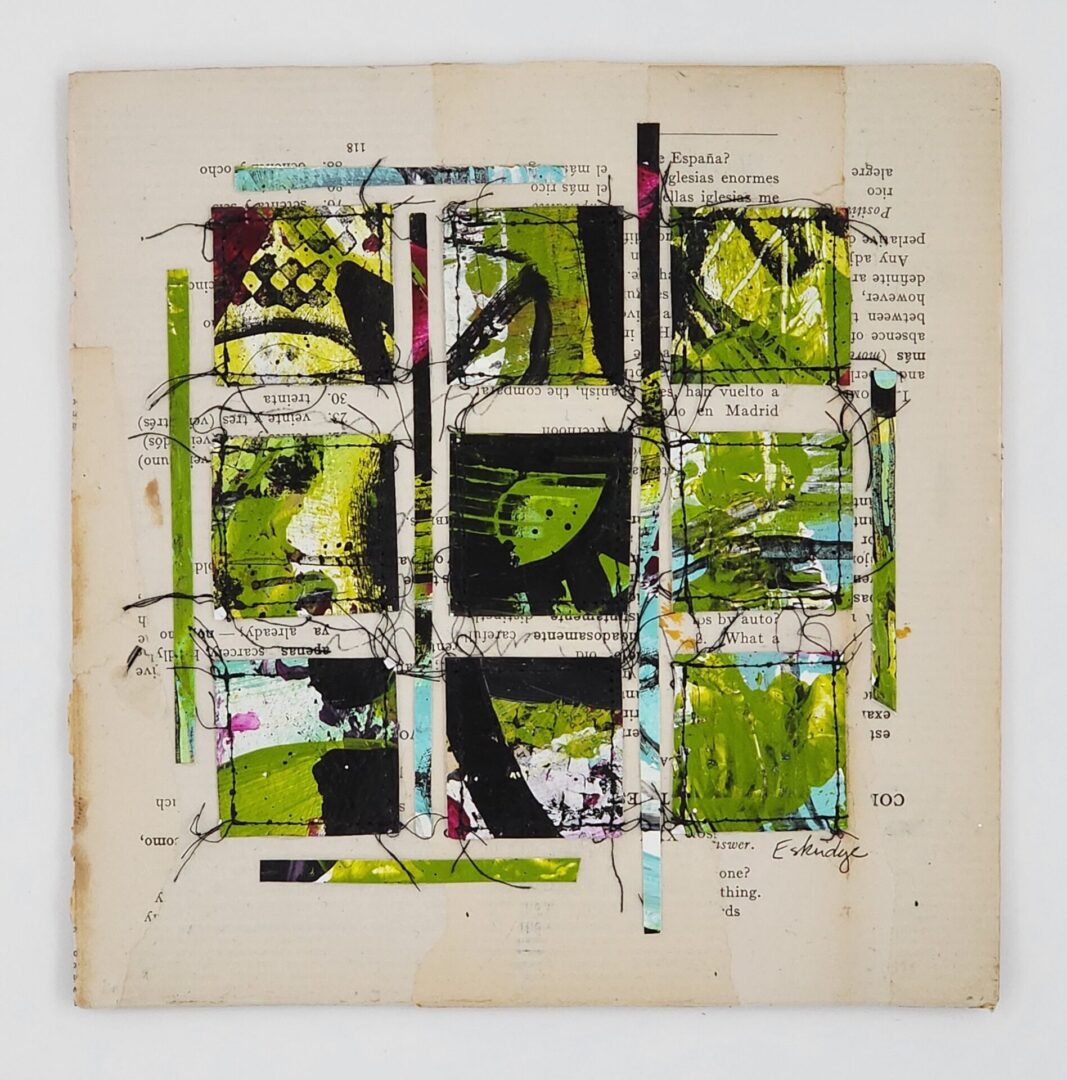 A painting of green and black squares on paper.