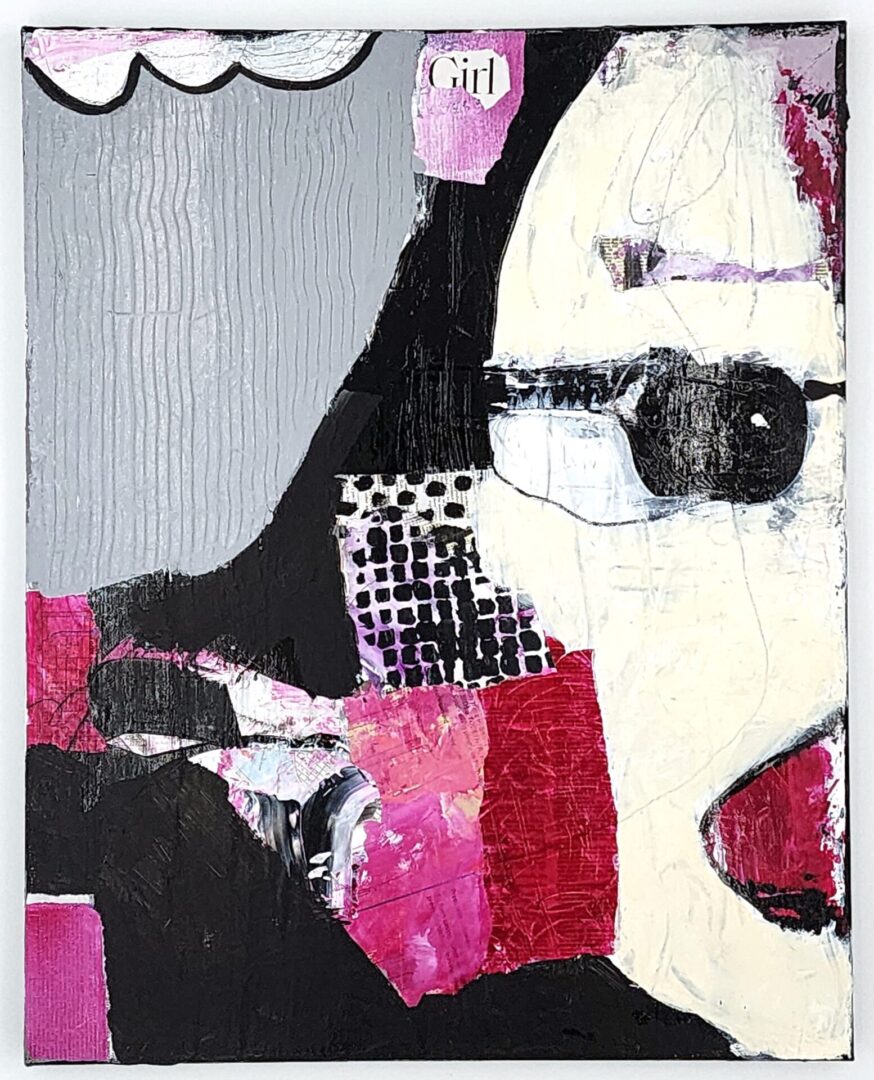 A collage of pink and black papers with a face.