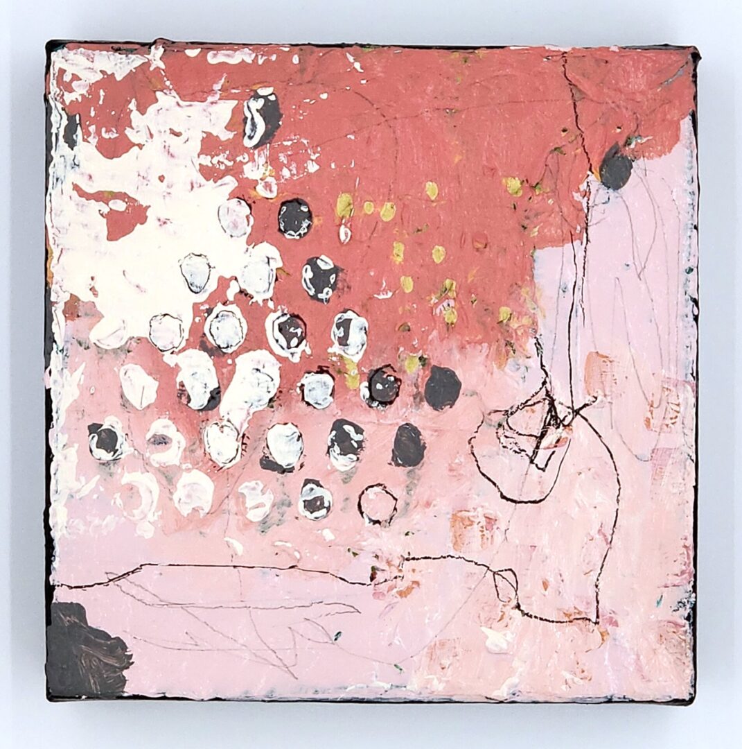 A painting of pink and black with white circles.
